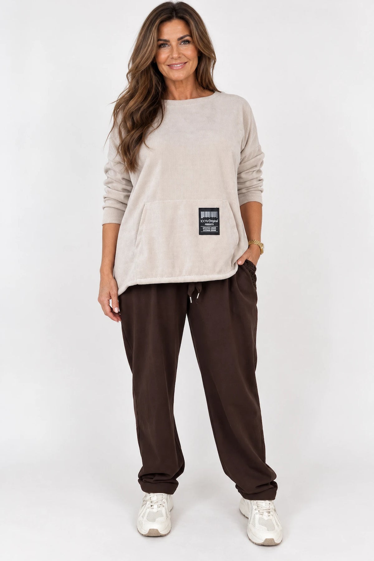 Premium Weight Cotton Crochet Pocket Detail Taliana Joggers - Chocolate