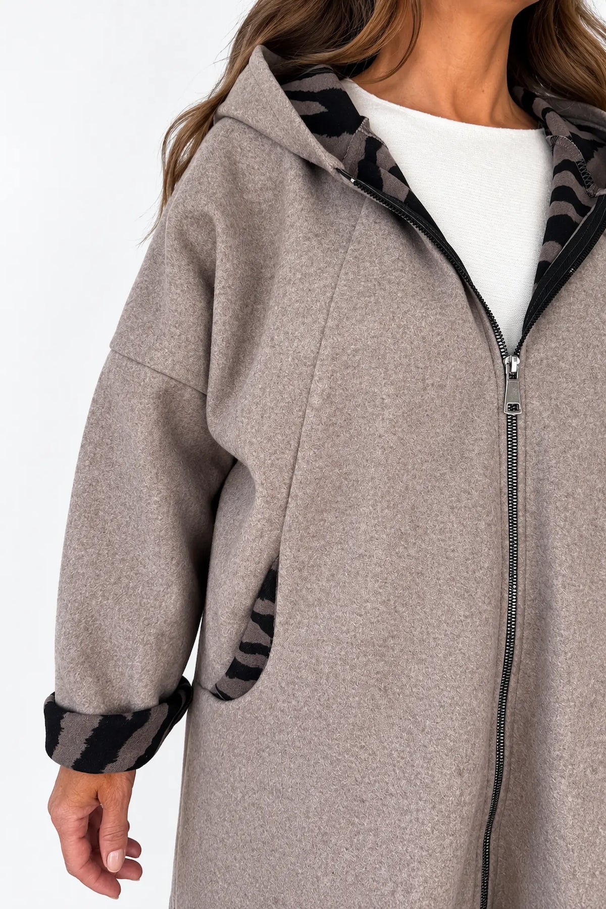 Double Pocket Zipped Contrast Animal Print Lined Valentina Brushed Hooded Coat - Mocha