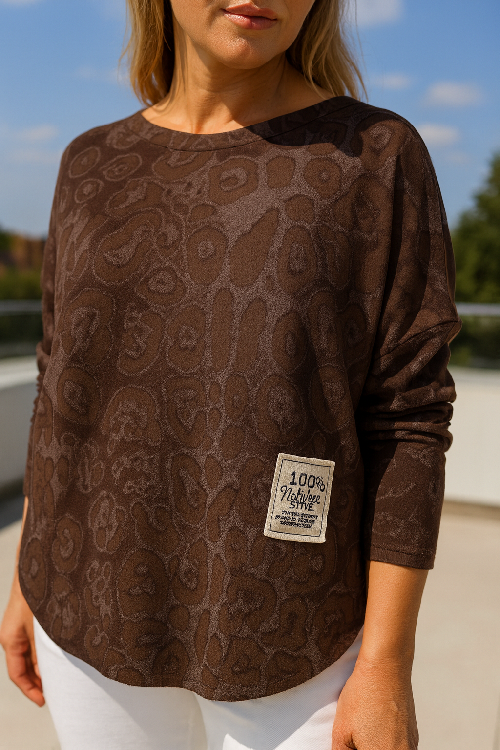 Pure Cotton Leopard Print Rivia Badge Detail Raw Edge Hem Sweatshirt - Chocolate