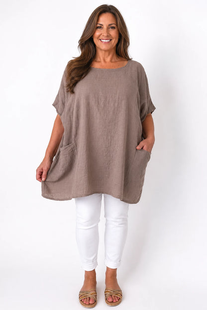 Pure Cotton Double Pocket Coté Tunic Top - Mocha