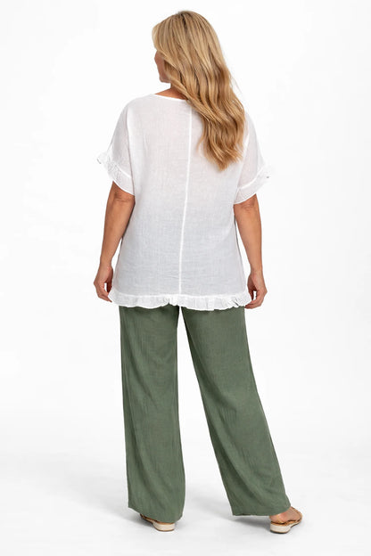 Linen Look Pure Cotton Drawstring Elasticated Waist Double Pocket Lucie Wide Leg Pant - Khaki