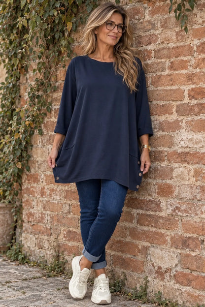 Cotton Button Side Maya Top - Navy