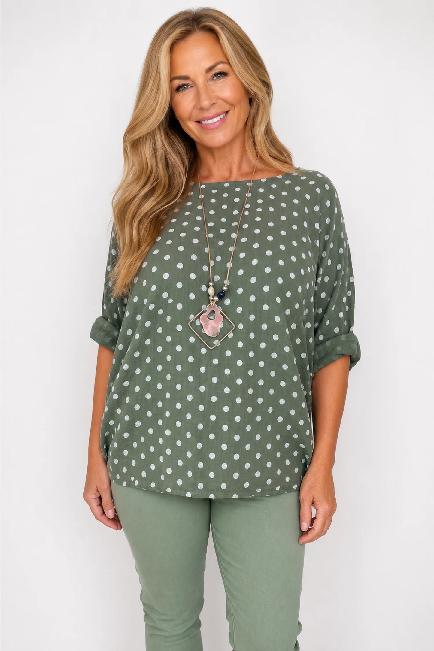 Pure Cotton Polka Dot Mari Necklace Top - Khaki