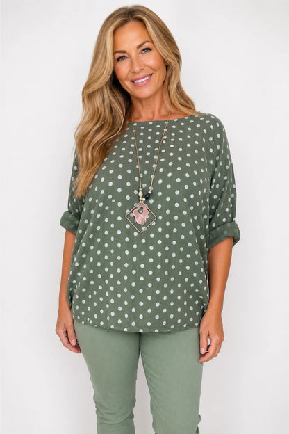 Pure Cotton Polka Dot Mari Necklace Top - Khaki