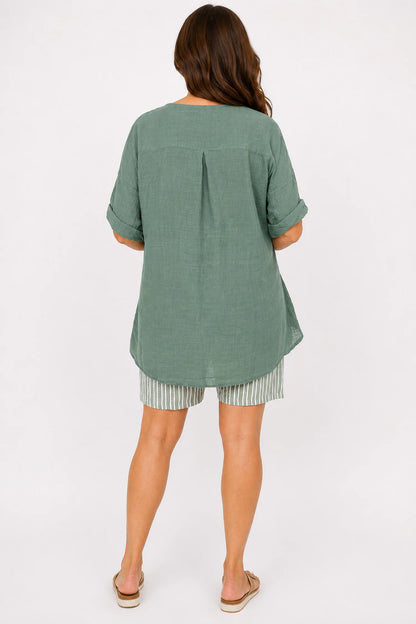 Linen Look Pure Cotton Button Detail Pocket Venice Top - Khaki