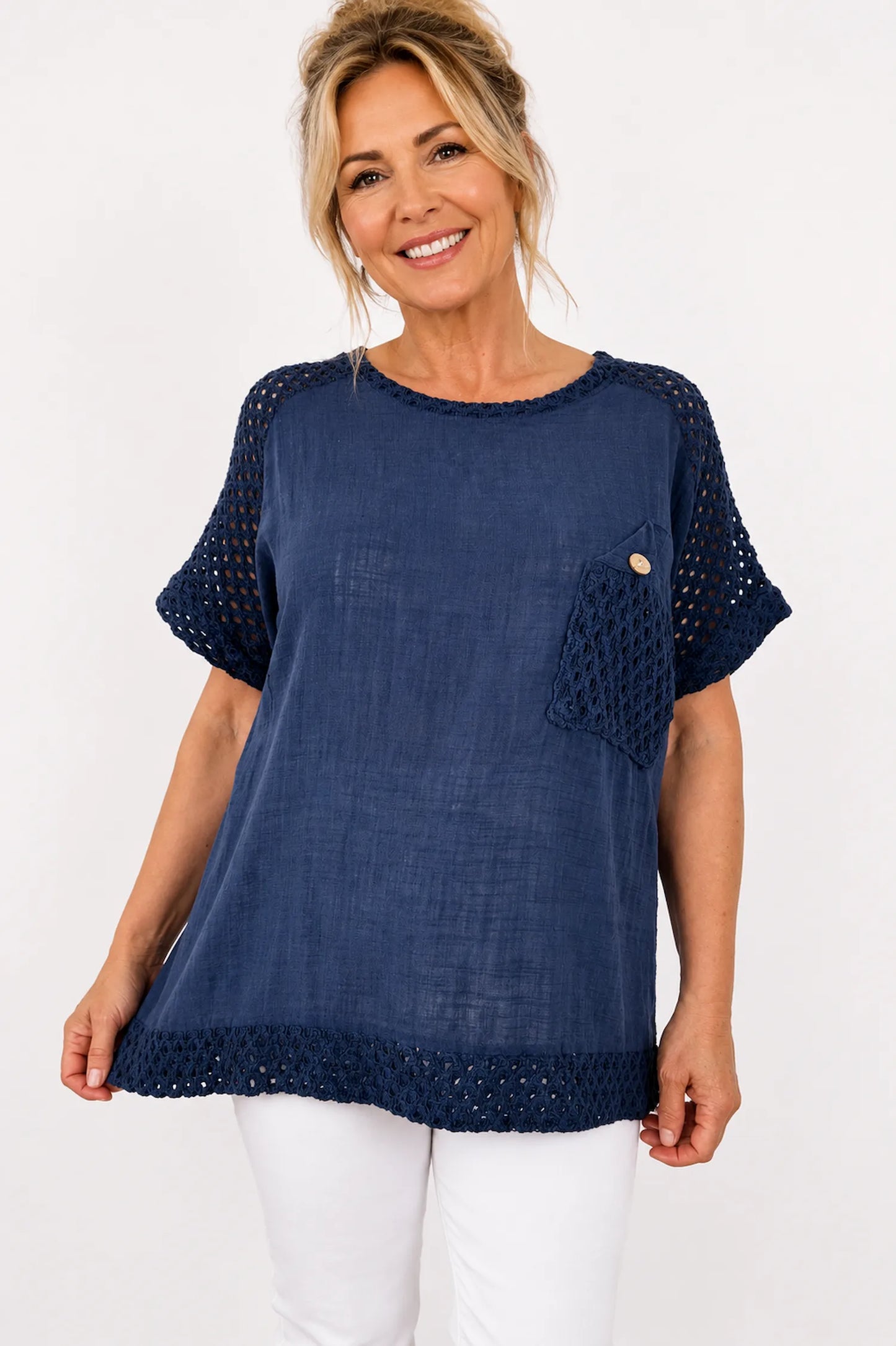 Pure Cotton Crochet Detail Button Pocket Palermo Top - Navy