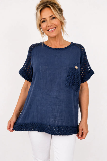 Pure Cotton Crochet Detail Button Pocket Palermo Top - Navy