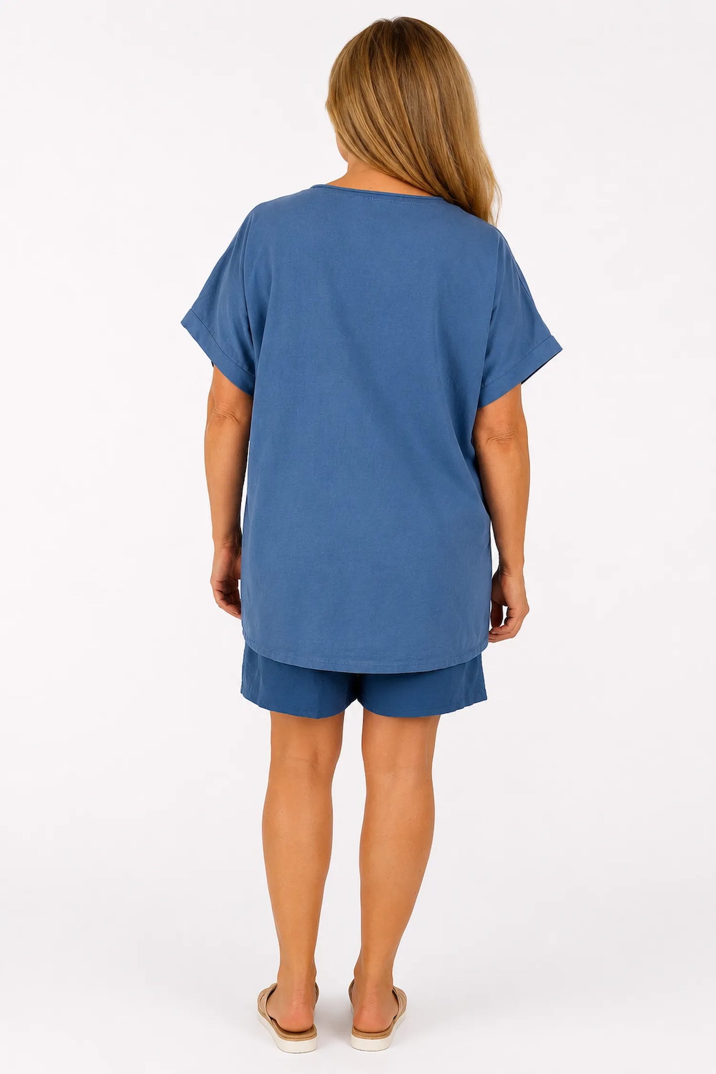 Linen Cotton Mix Diamanté Golden Leaf Carletta Top - Denim