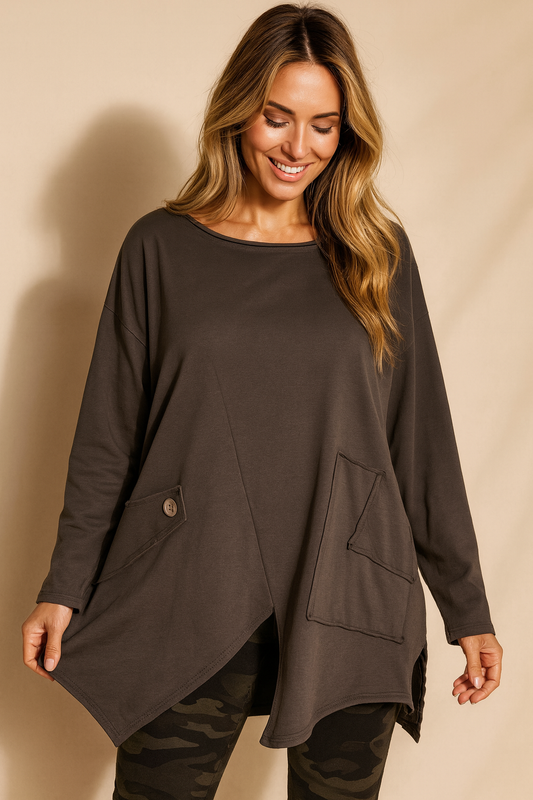 Pocket Detail Cotton Marga Sweatshirt - Chocolate