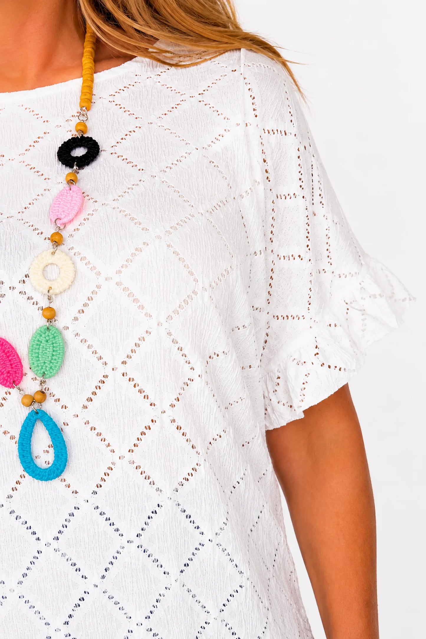 Lightly Textured Frill Sleeve Giana Necklace Top - White