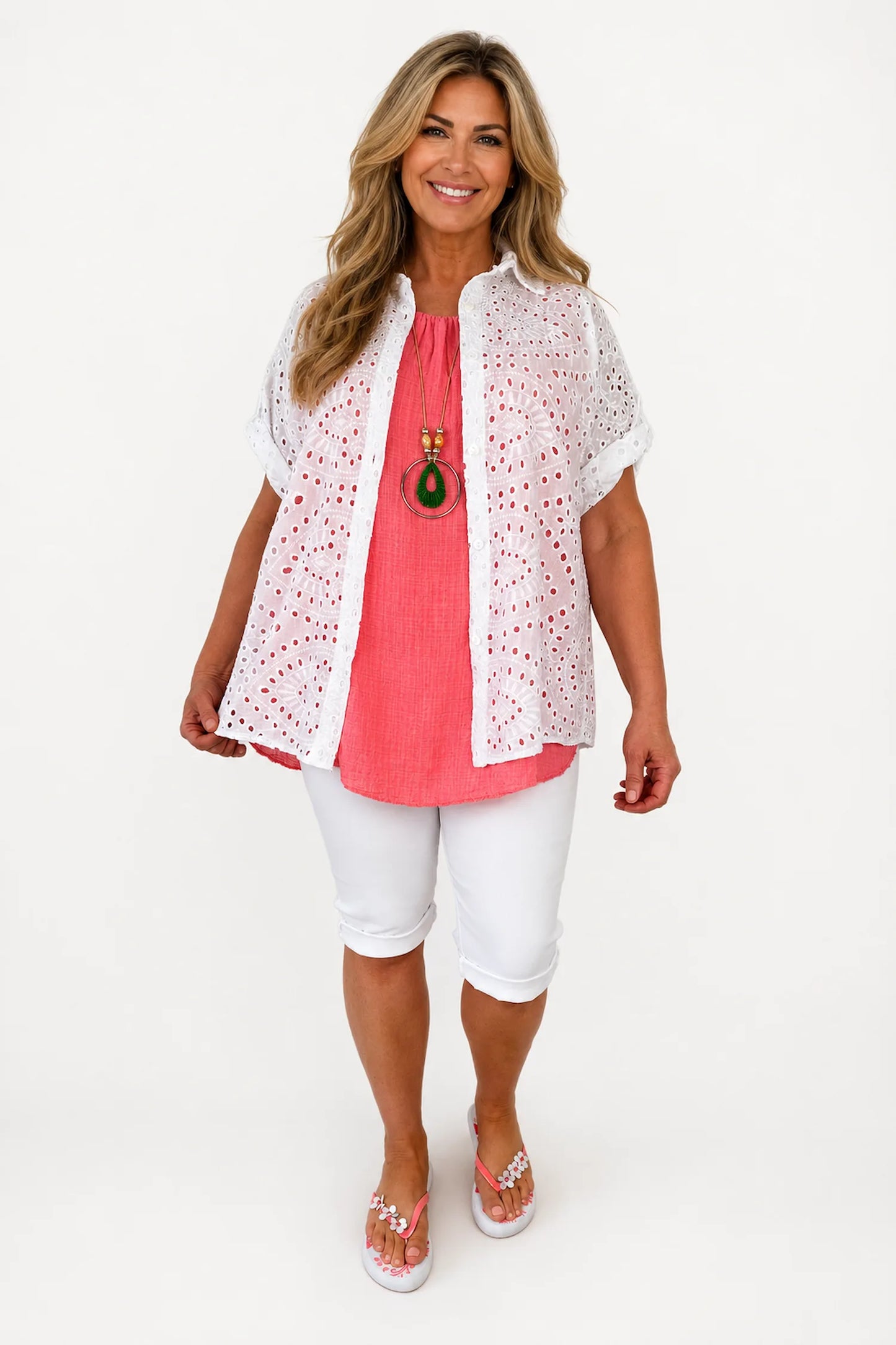 Pure Cotton Embroidery Anglaise Crochet Button Sleeve Milan Button Shirt - Santorini White