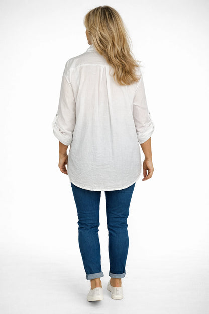 Pure Cotton Embroidered Flower Button Sleeve Valentina Button Shirt - White