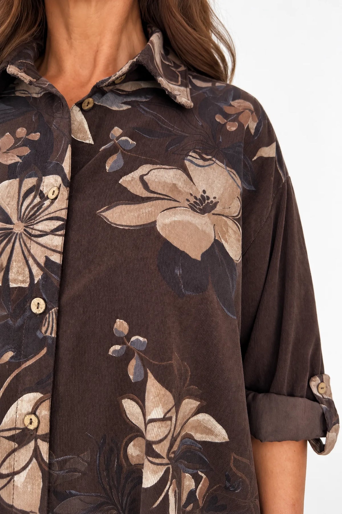 Pure Cotton Needlecord Button Sleeve Dorsia Button Shirt - Chocolate