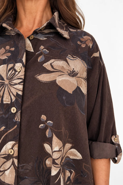 Pure Cotton Needlecord Button Sleeve Dorsia Button Shirt - Chocolate