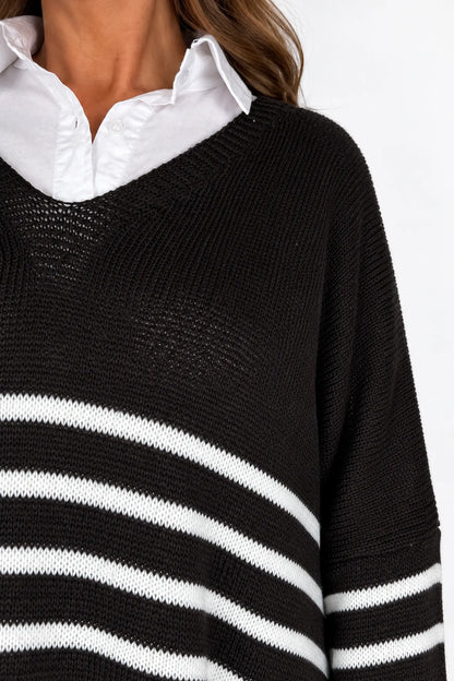 Wool Mix Stripped Diana Top - Chocolate