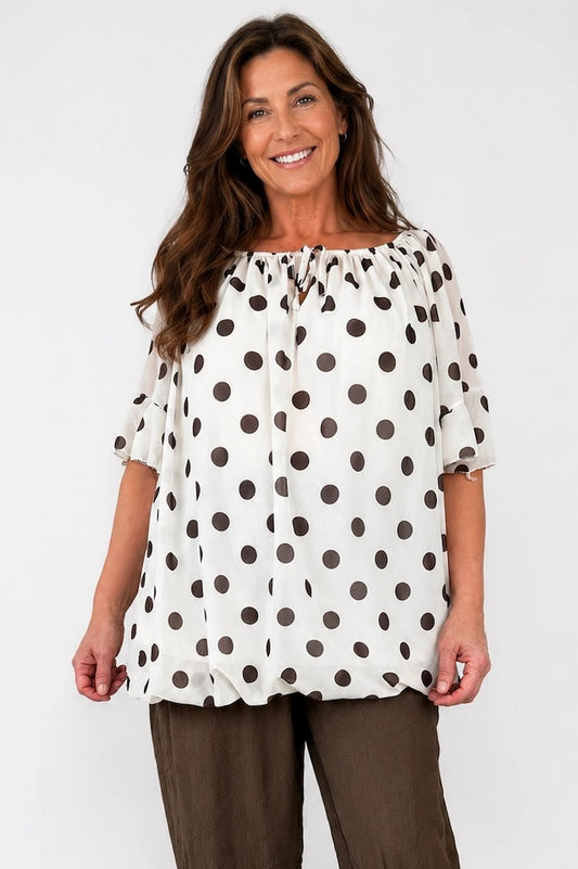 Tied Detail Fully Lined Polka Dot Elasticated Hem Francis Chiffon Top - White