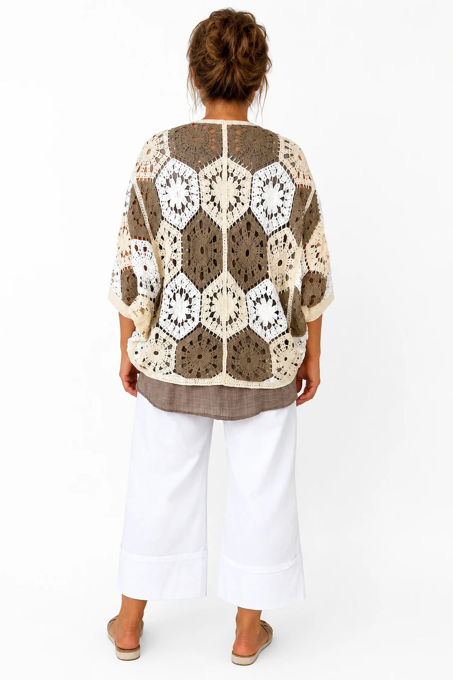 Pure Cotton Batwing Crochet Button Carmella Cardigan - Mocha