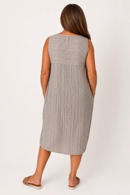 Cotton Double Pocket Pinstripe Elizabeth Dress - Mocha