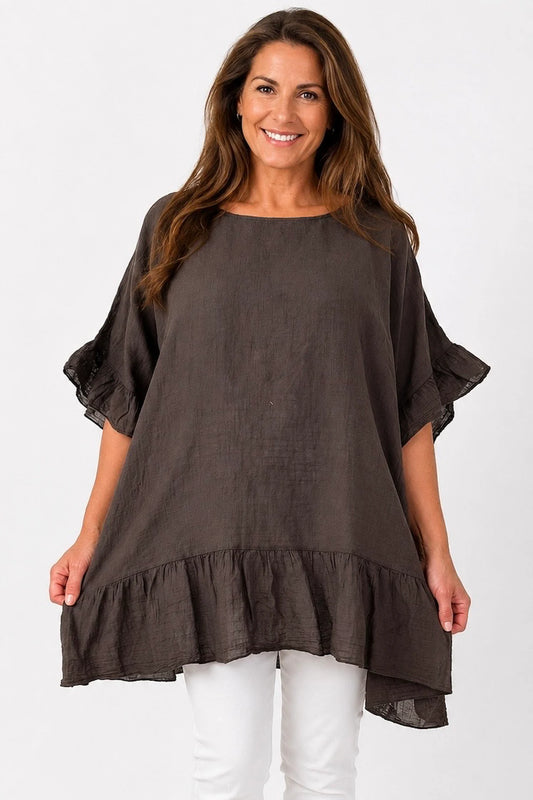 Pure Cotton Anita Frill Top - Chocolate