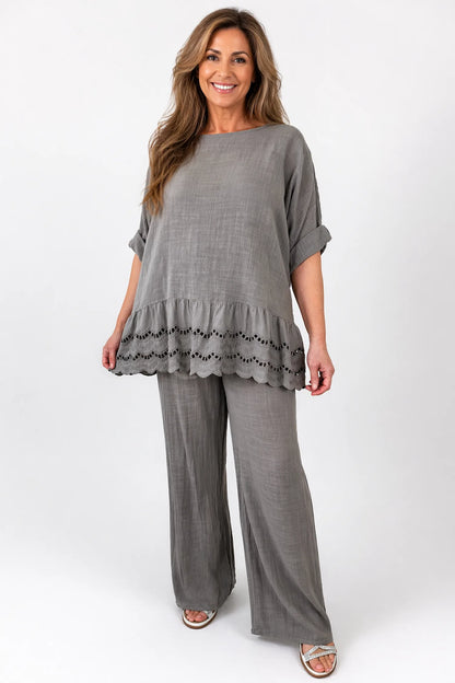 Pure Cotton Embroidery Anglaise Crochet Hem Caprina Top - Mocha