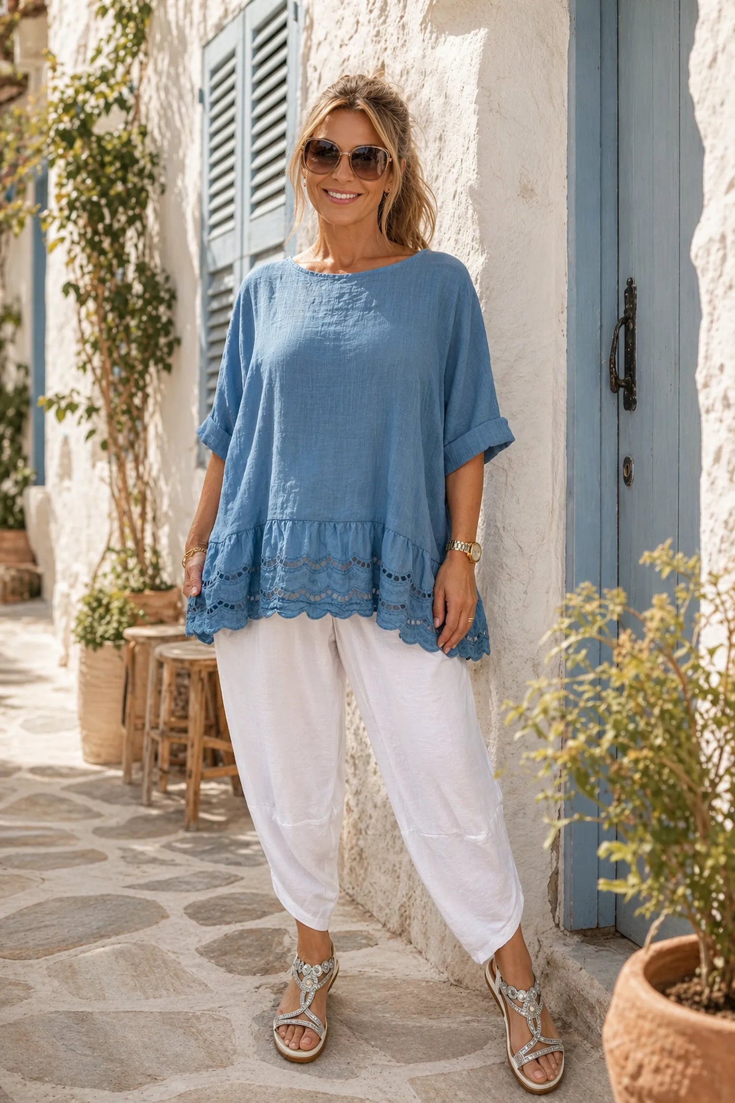 Pure Cotton Embroidery Anglaise Crochet Hem Caprina Top - Denim
