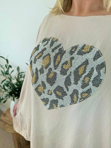 Diamanté Sparkle Animal Heart Button Sleeve Top SS24