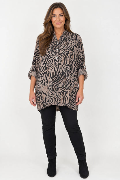 Ziara Button Sleeve Animal Button Shirt - Mocha