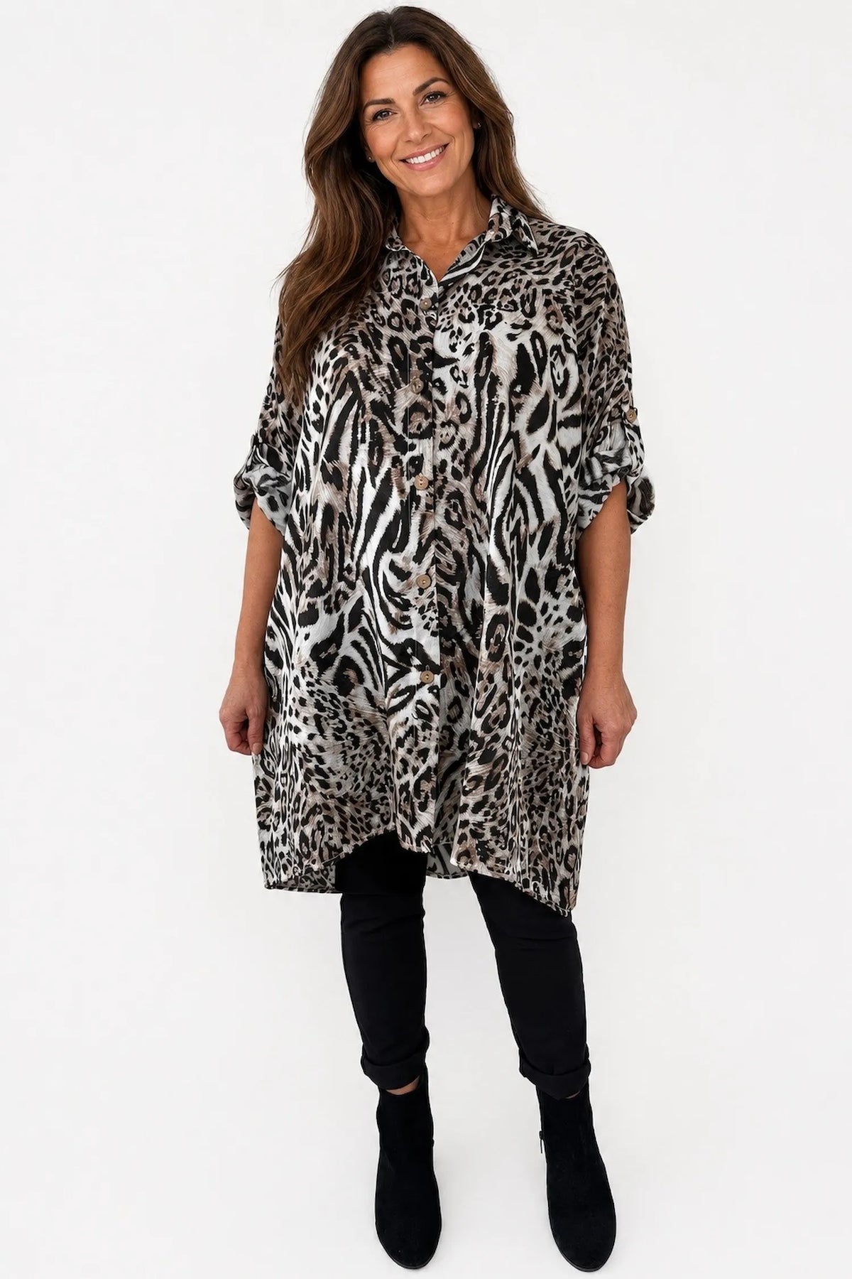 Pure Cotton Shimmer Finish Button Sleeve Viana Leopard Longline Button Shirt - Leopard