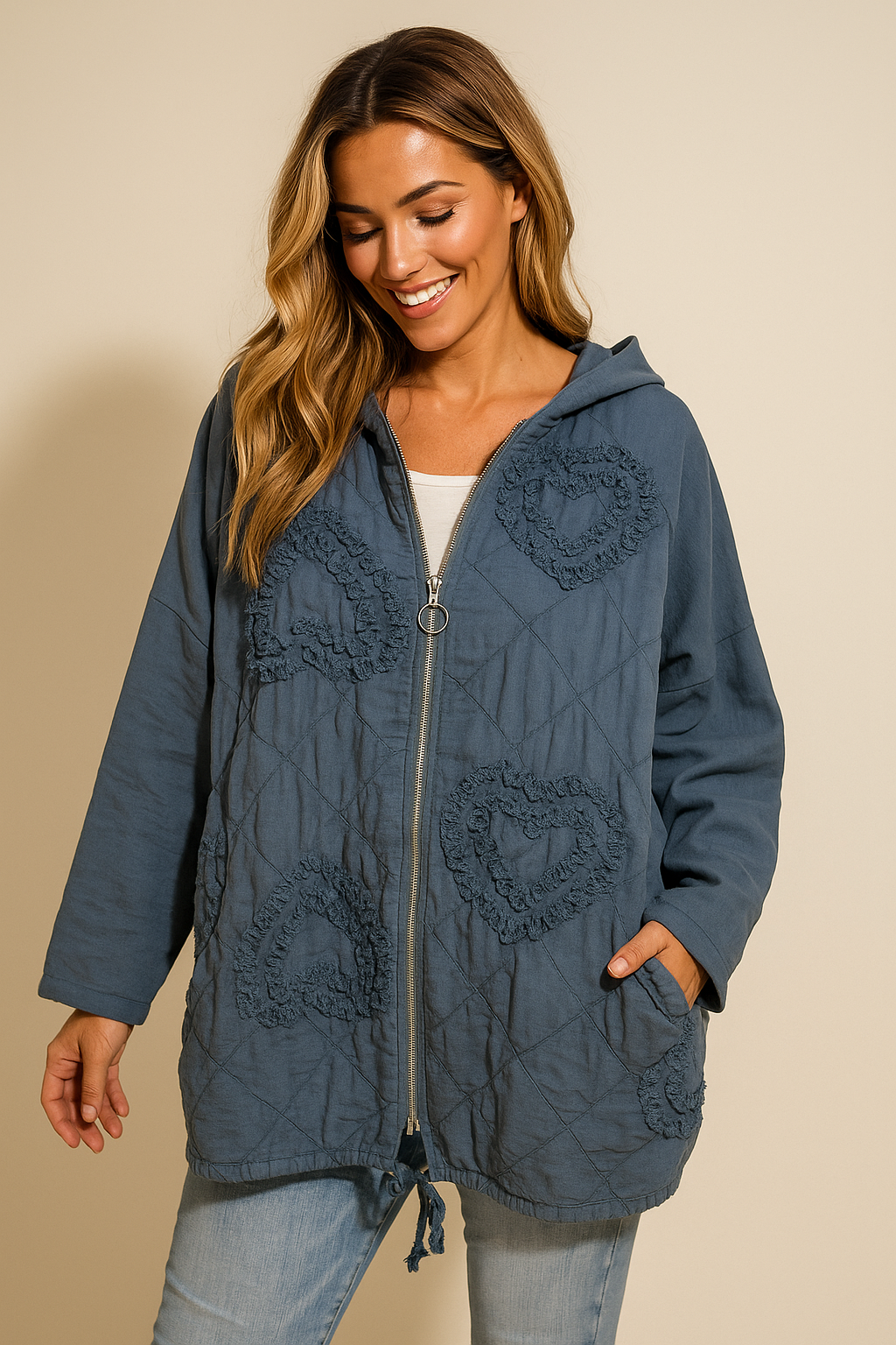Cotton Embroidered Heart Amélie Hooded Jacket - Denim