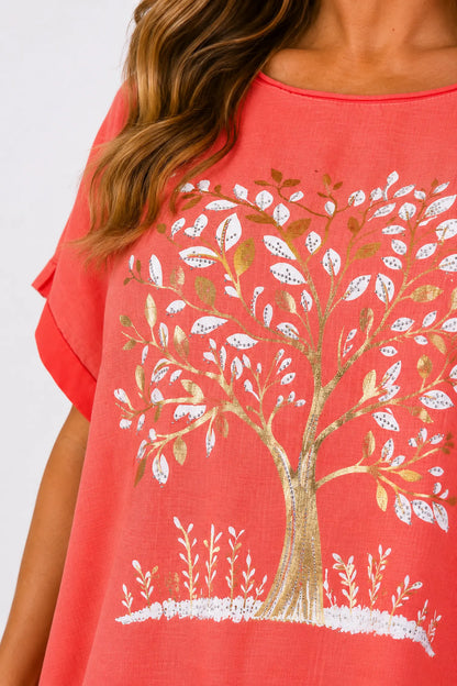 Linen Cotton Mix Diamanté Golden Leaf Carletta Top - Coral