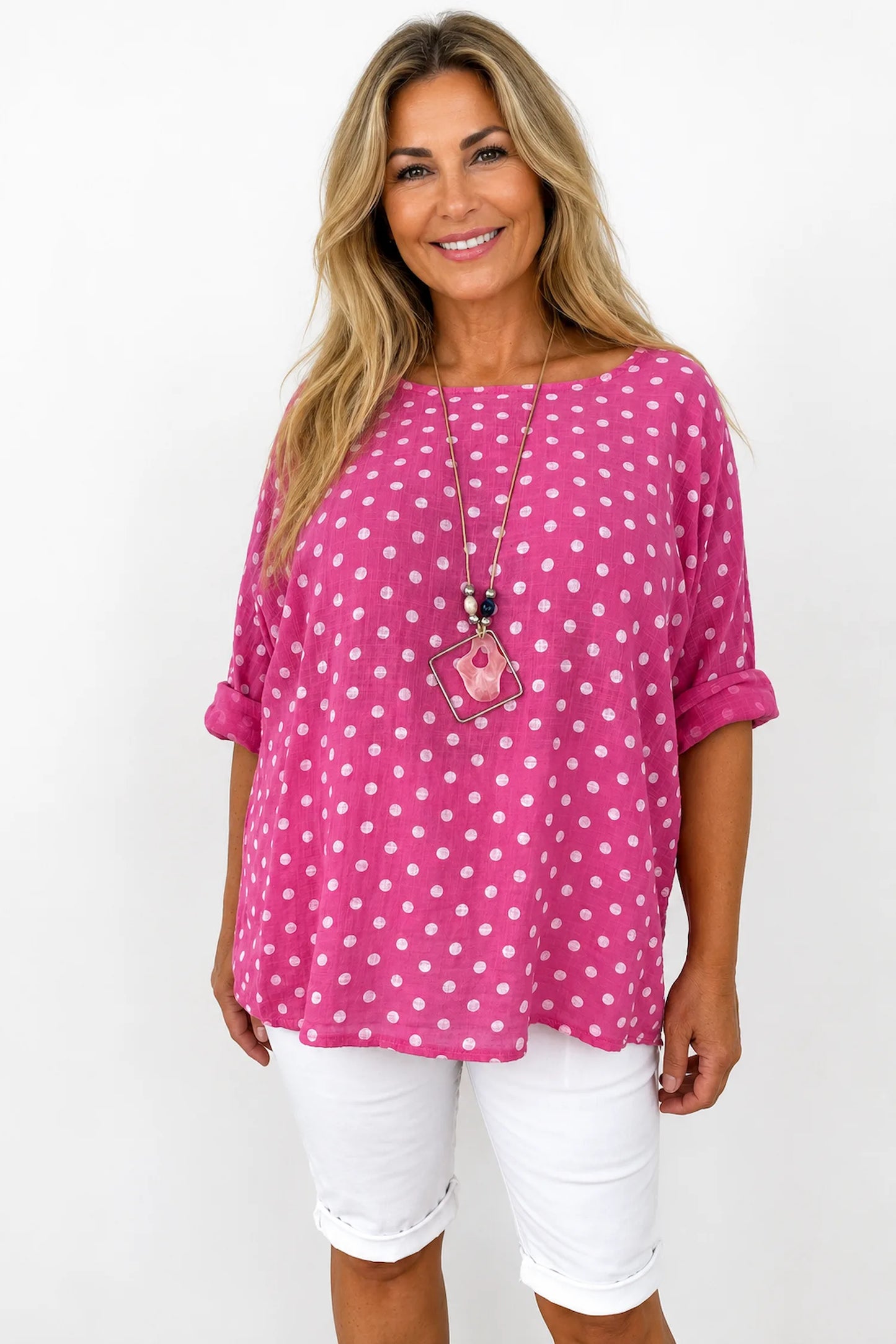 Pure Cotton Polka Dot Mari Necklace Top - Cerys Pink