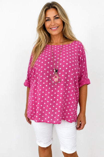 Pure Cotton Polka Dot Mari Necklace Top - Cerys Pink