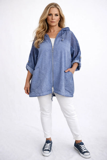 Pure Cotton Linen Look Mesh Detail Button Sleeve Double Pocket Rosalie Zipped Hoodie - Vintage Denim