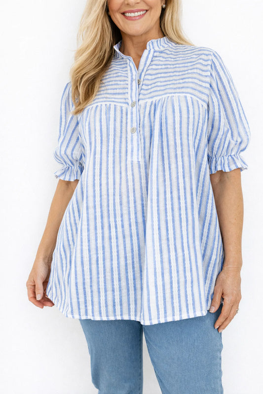 Pure Cotton Stripe Elasticated Cuff Riviera Button Shirt - Light Denim