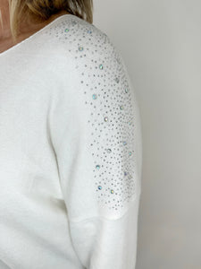 Diamanté Sleeve Premium Knit Vialla Top AW24 - Winter White