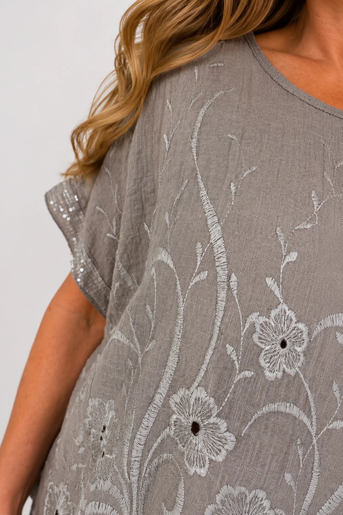 Cotton Crochet Detail Embroidery Anglaise Sequin Hem/Sleeve Selina Top - Mocha