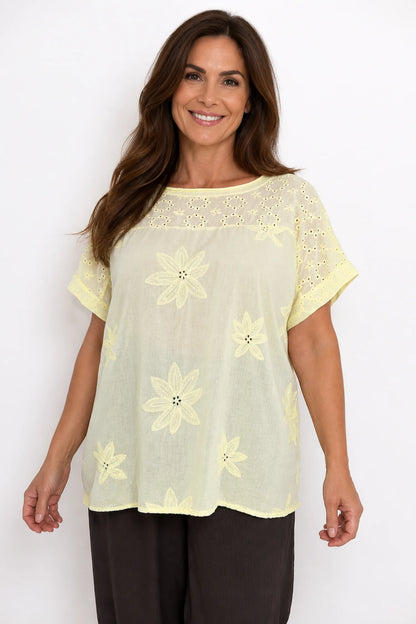 Pure Cotton Floral Embroidery Anglaise Clarissa Top - Lemon