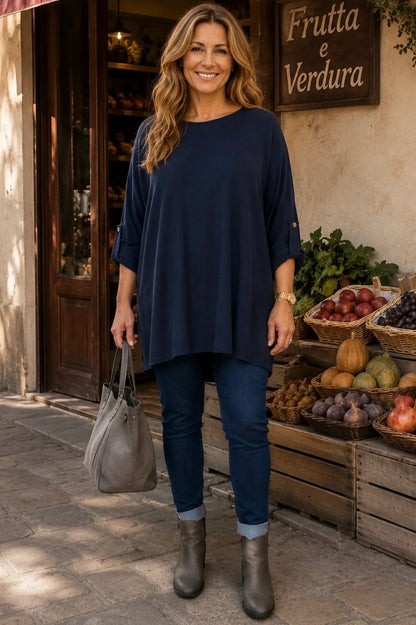 Fine Knit Button Sleeve Batwing Angelica Top - Navy