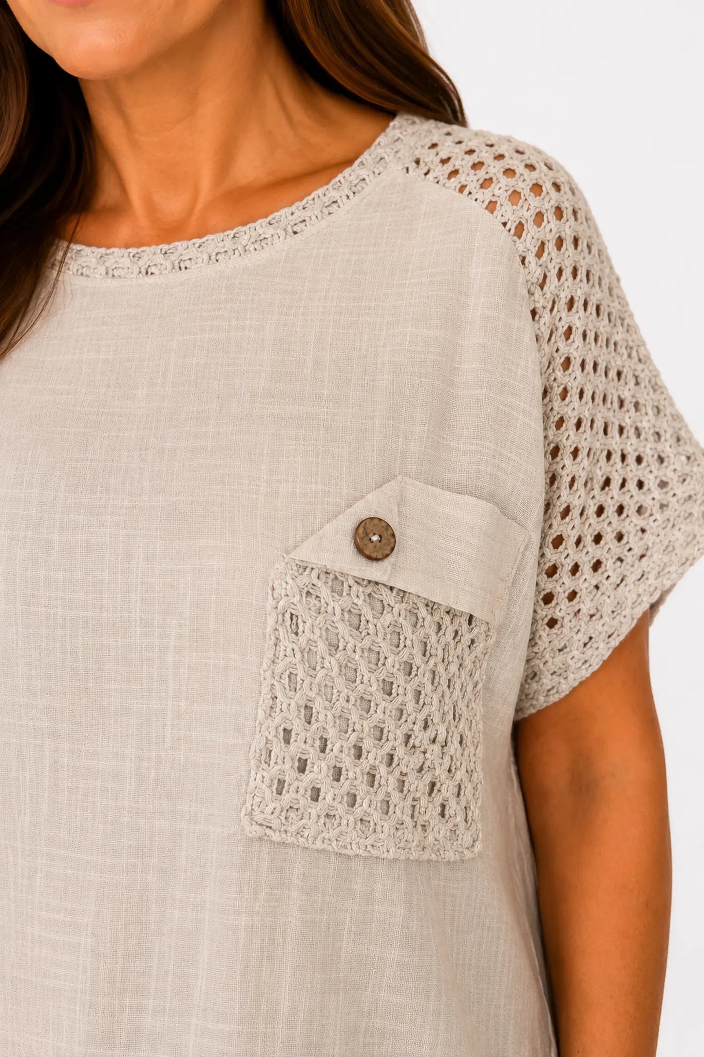 Pure Cotton Crochet Detail Button Pocket Palermo Top - Beige