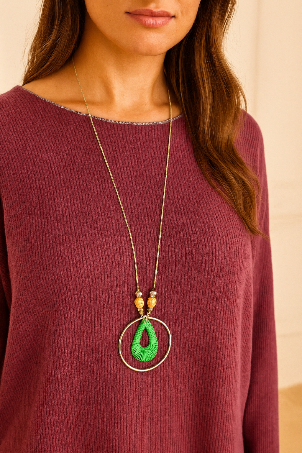 Ribbed Knit Silver Lining Veronica Necklace Top - Wine