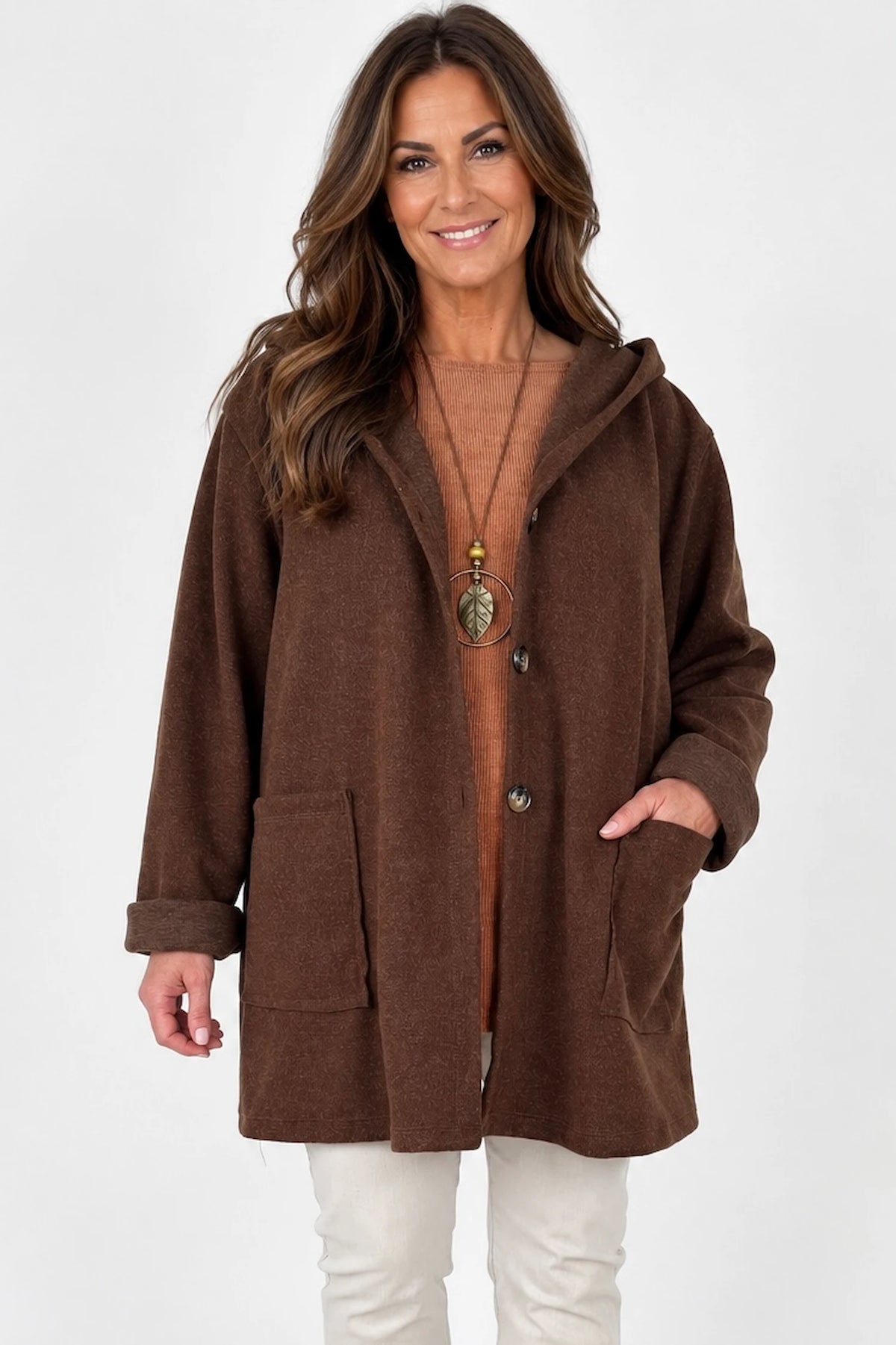 Wool Mix Brushed Double Patch Pocket Italia Button Hooded Coat - Spice Brown