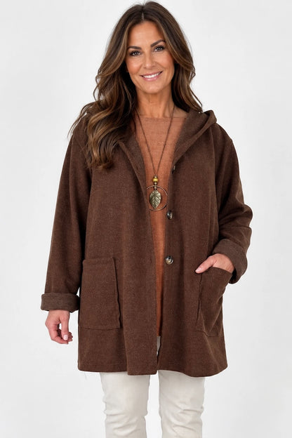 Wool Mix Brushed Double Patch Pocket Italia Button Hooded Coat - Spice Brown