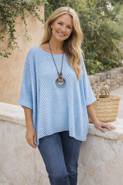 Fully Lined Marcella Batwing Crochet Necklace Top - Baby Blue