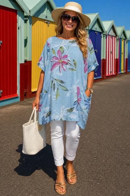 Pure Cotton Double Pocket Livia Tunic Top - Light Denim