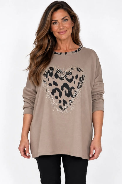Leopard Trim Diamanté Heart Lexi Top - Mocha