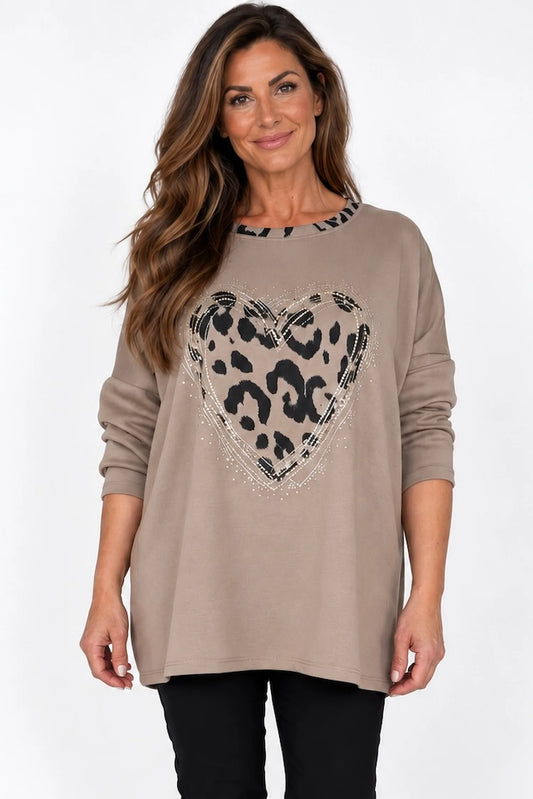 Leopard Trim Diamanté Heart Lexi Top - Mocha
