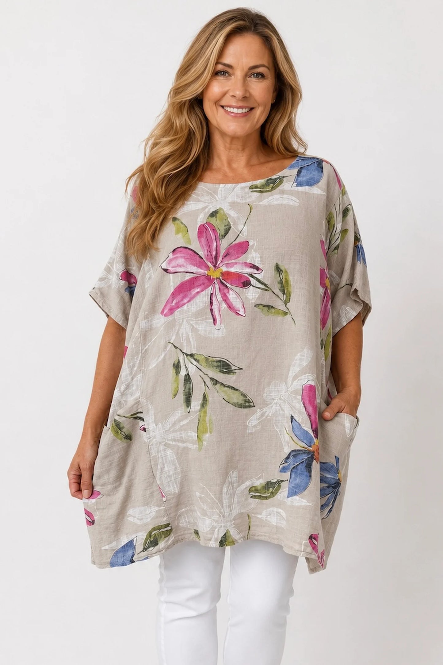 Pure Cotton Double Pocket Livia Tunic Top - Beige