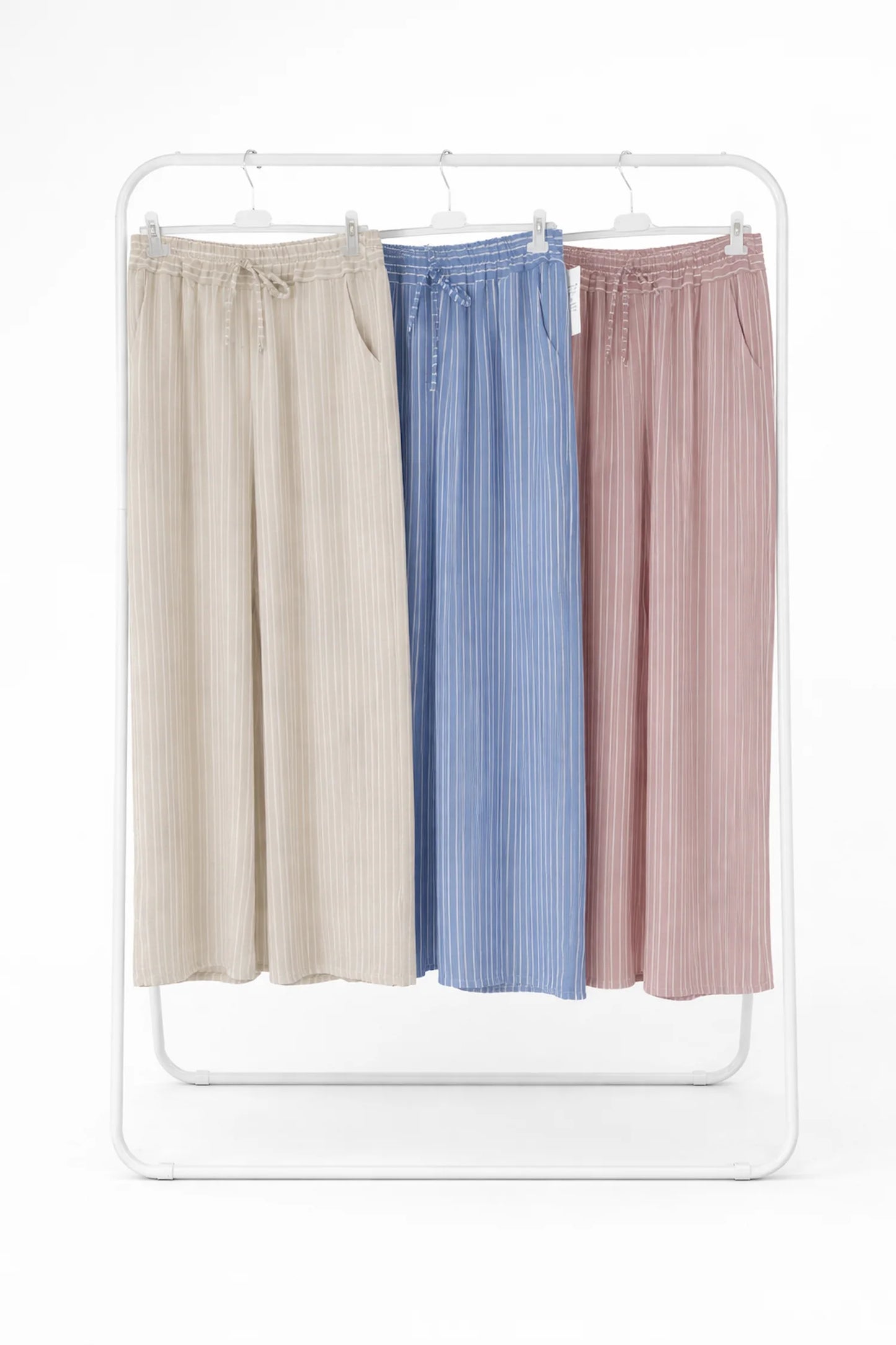 Linen Look Double Pocket Elasticated Waist Stripe Bella Wide Leg Pants - Warm Beige