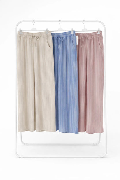 Linen Look Double Pocket Elasticated Waist Stripe Bella Wide Leg Pants - Warm Beige