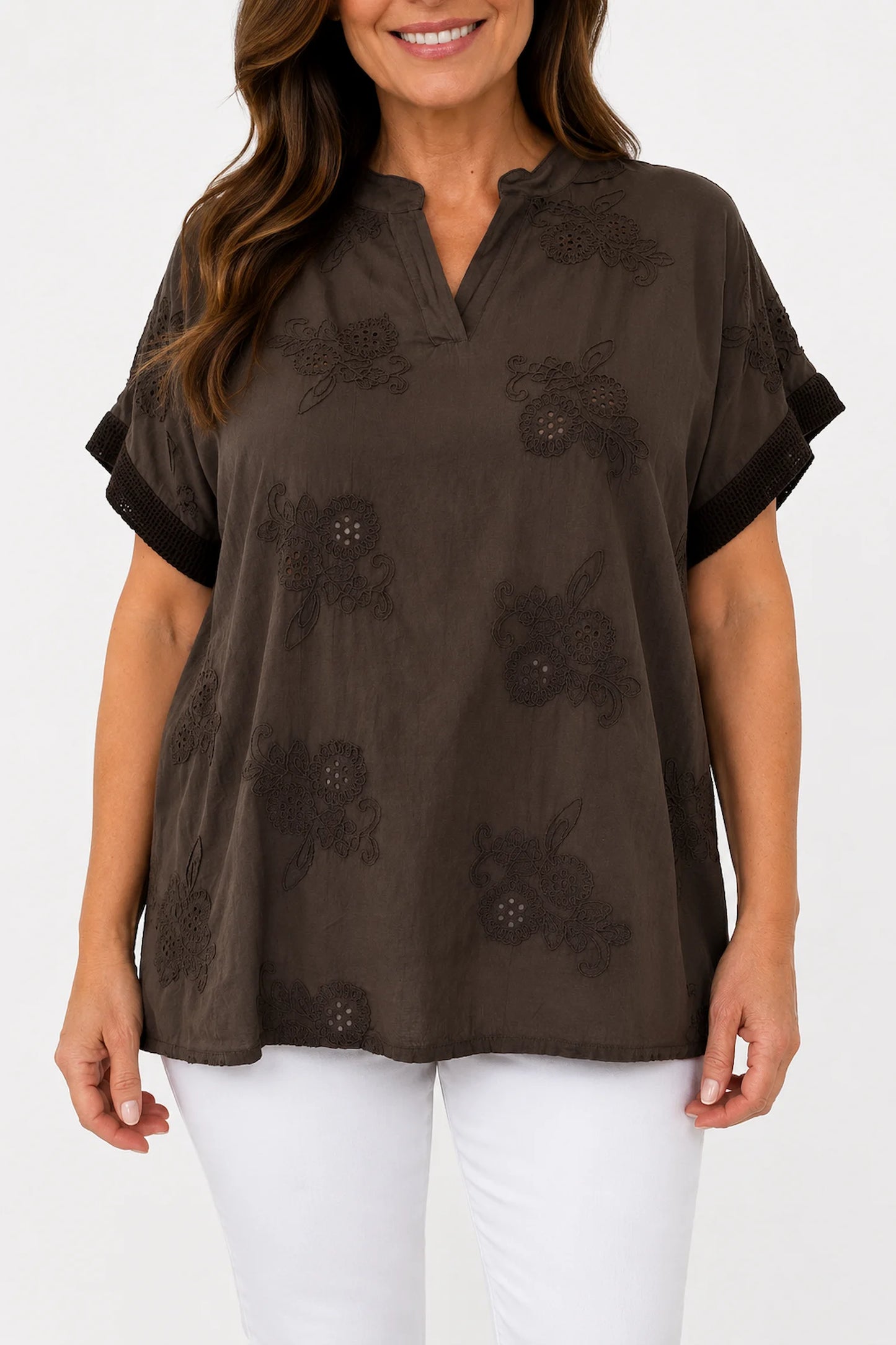 Pure Cotton Embroidered Floral Detail Mesh Sleeve/Back Lucia Shirt - Chocolate